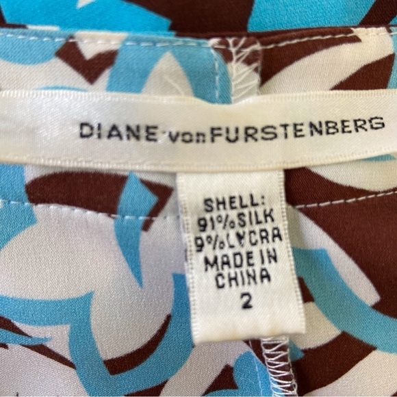 Diane Von Furstenberg silk dress lightweight ecru brown cerulean blue  size  2 - Picture 5 of 14